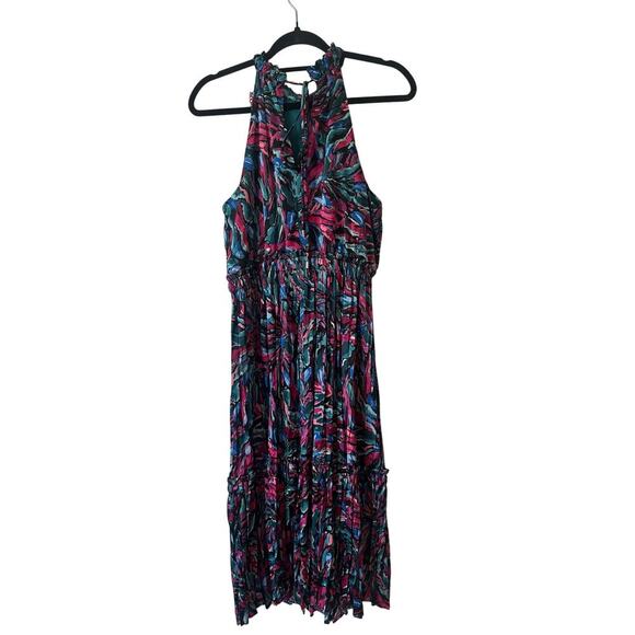 Nicole Miller Abstract Midi Dress Multicolor Boho Sleeveless Ruched Size L - Picture 2 of 6